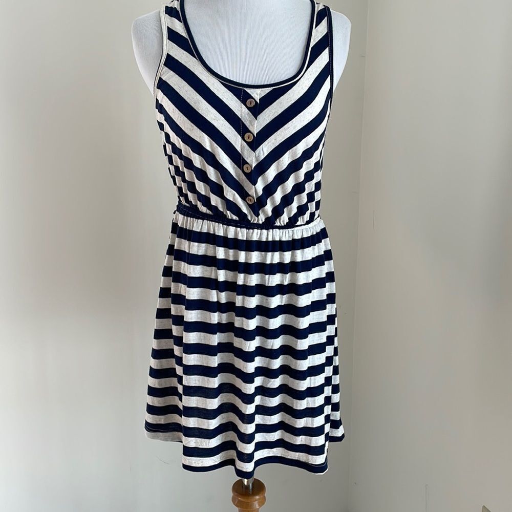 Summer dress blue & cream stripes with elastic waist by mine size small